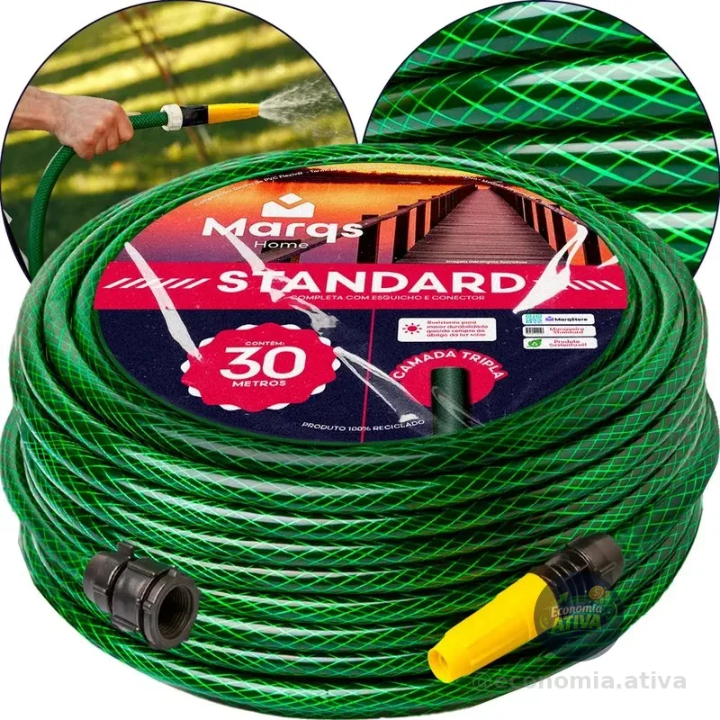Mangueira De Jardim 30 Metros Com Esguicho Trançada Reforçada Flexível 7/16 Anti Dobra Irrigação Quintal Poço Lavagem Durável Marqs Home Verde