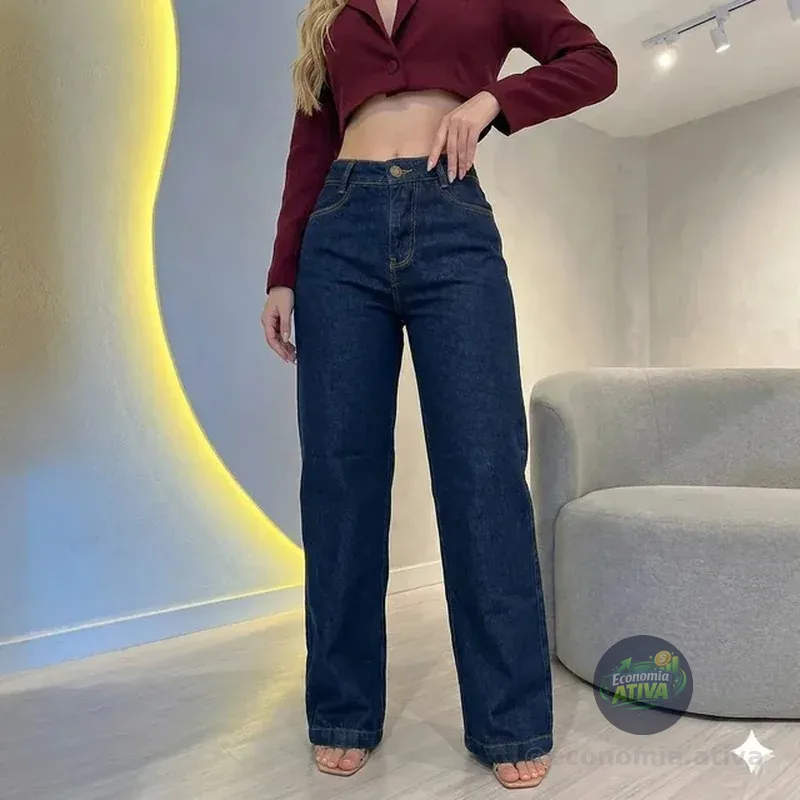 Calça Jeans Wide Leg Feminina Cintura Alta Empina Bumbum