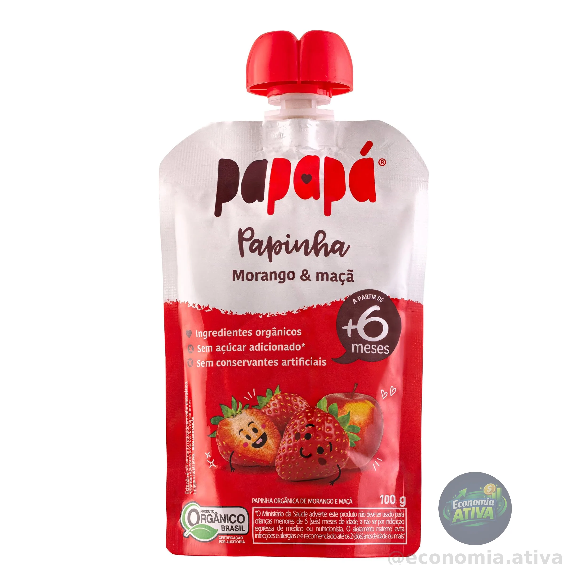 Papapá, Papinha Orgânica de Frutas, Sabor Morango e Maçã, 100g, Sem Açúcar Adicionado, Ingredientes Naturais