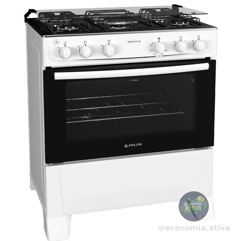Fogão 5 bocas Atlas Mônaco Plus Branco com Acendimento Automático e Mesa Inox