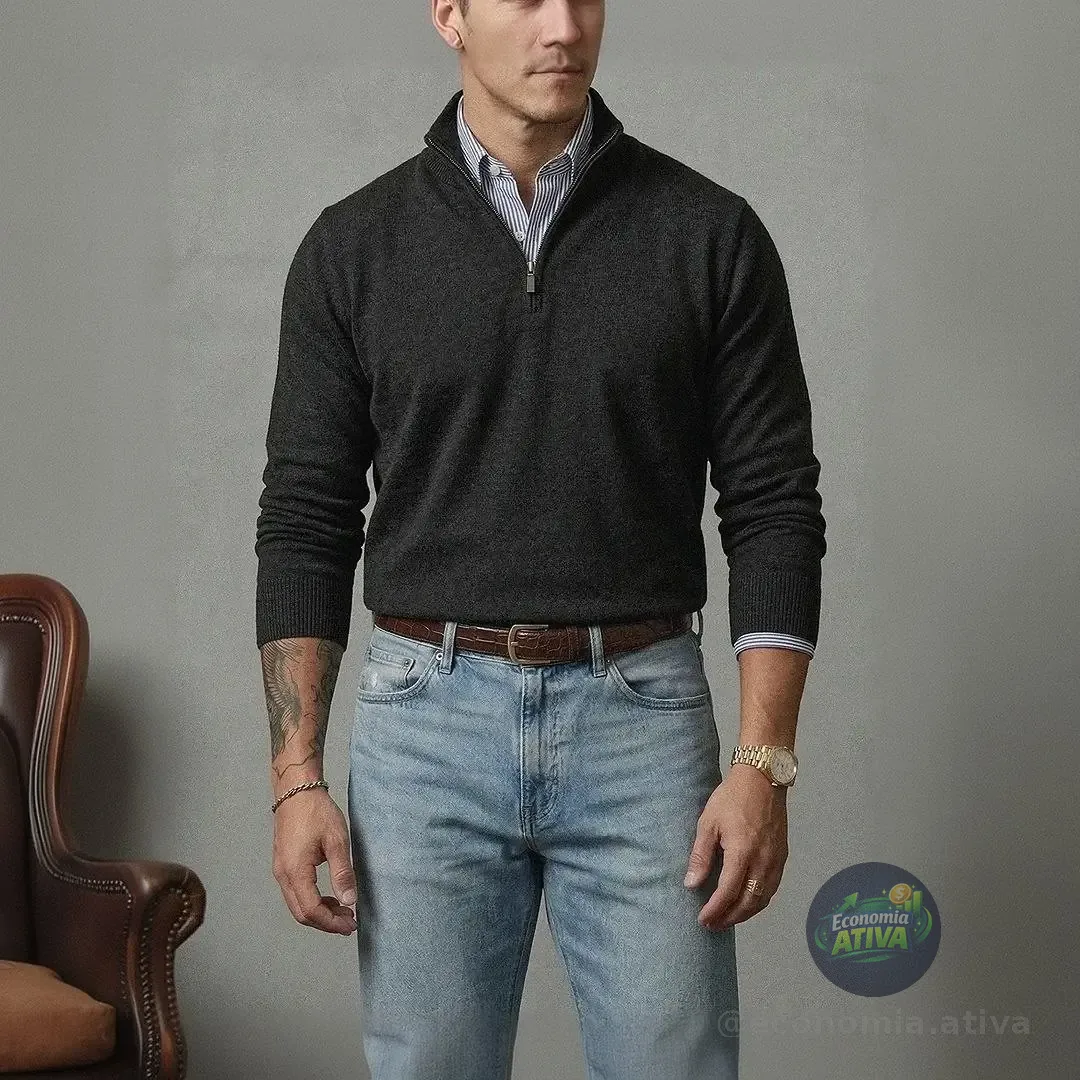 Suéter Masculino Zíper Elegante Gola Alta Inverno Old Money