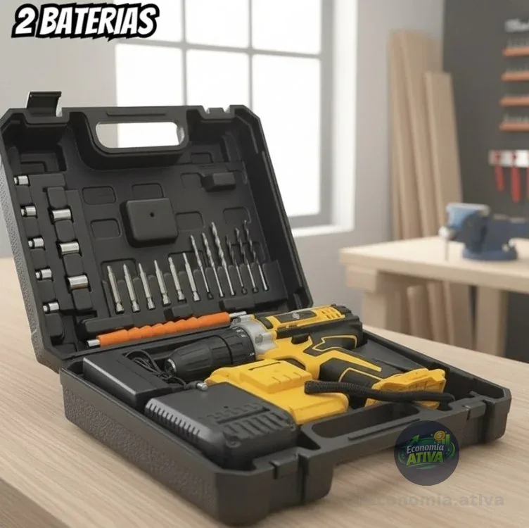 Kit Parafusadeira Furadeira De Impacto Profissional Com Luz 2 Baterias 24v Com Maleta + Acessórios