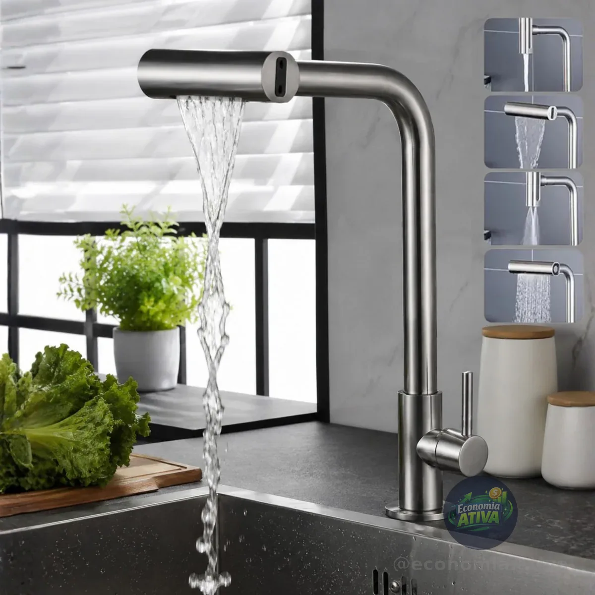 Torneira Cozinha Bancada Inox 304 Água Fria Bica Alta Gourmet 4 Modos