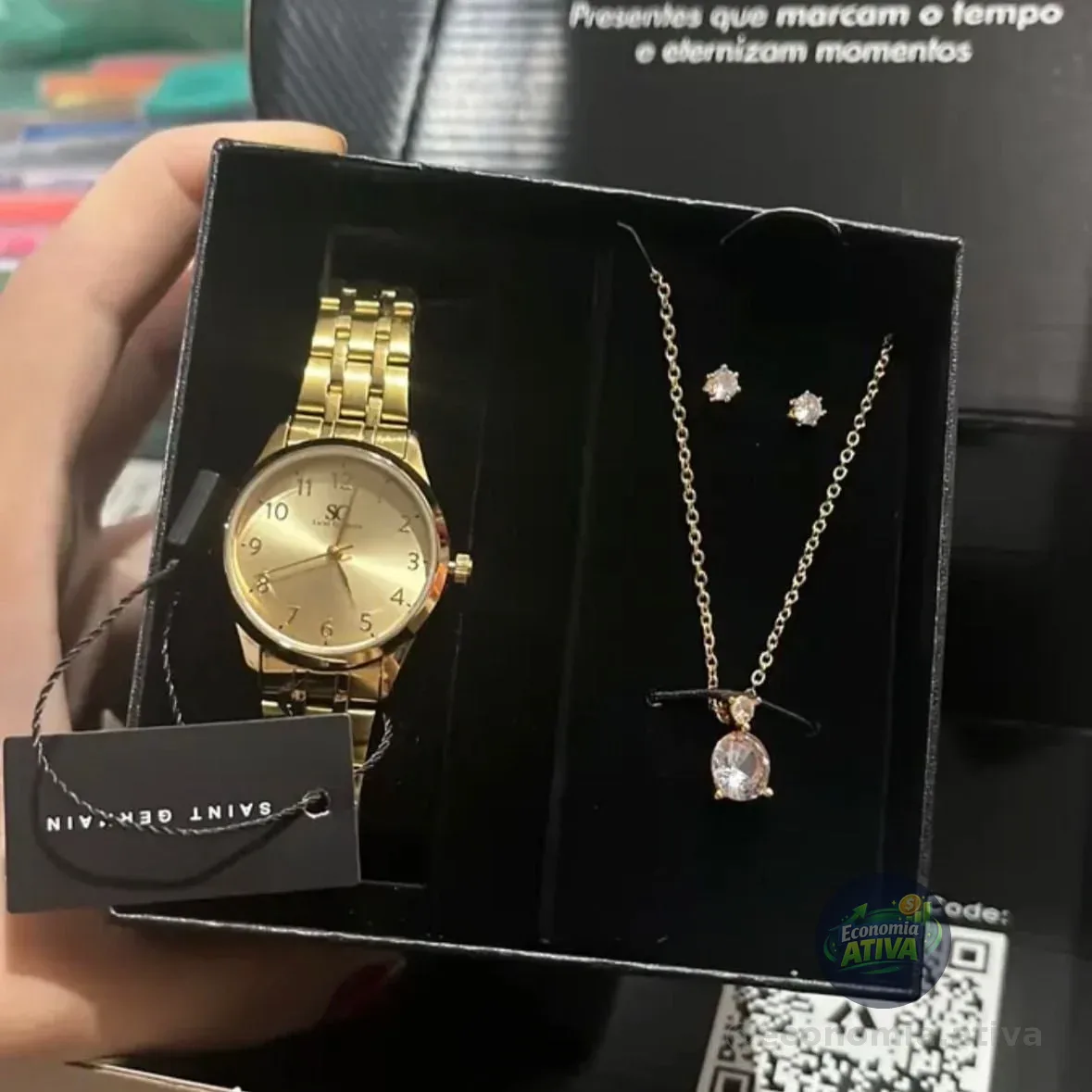 Kit Relógio Colar E Brincos Ponto De Luz Dourado Feminino