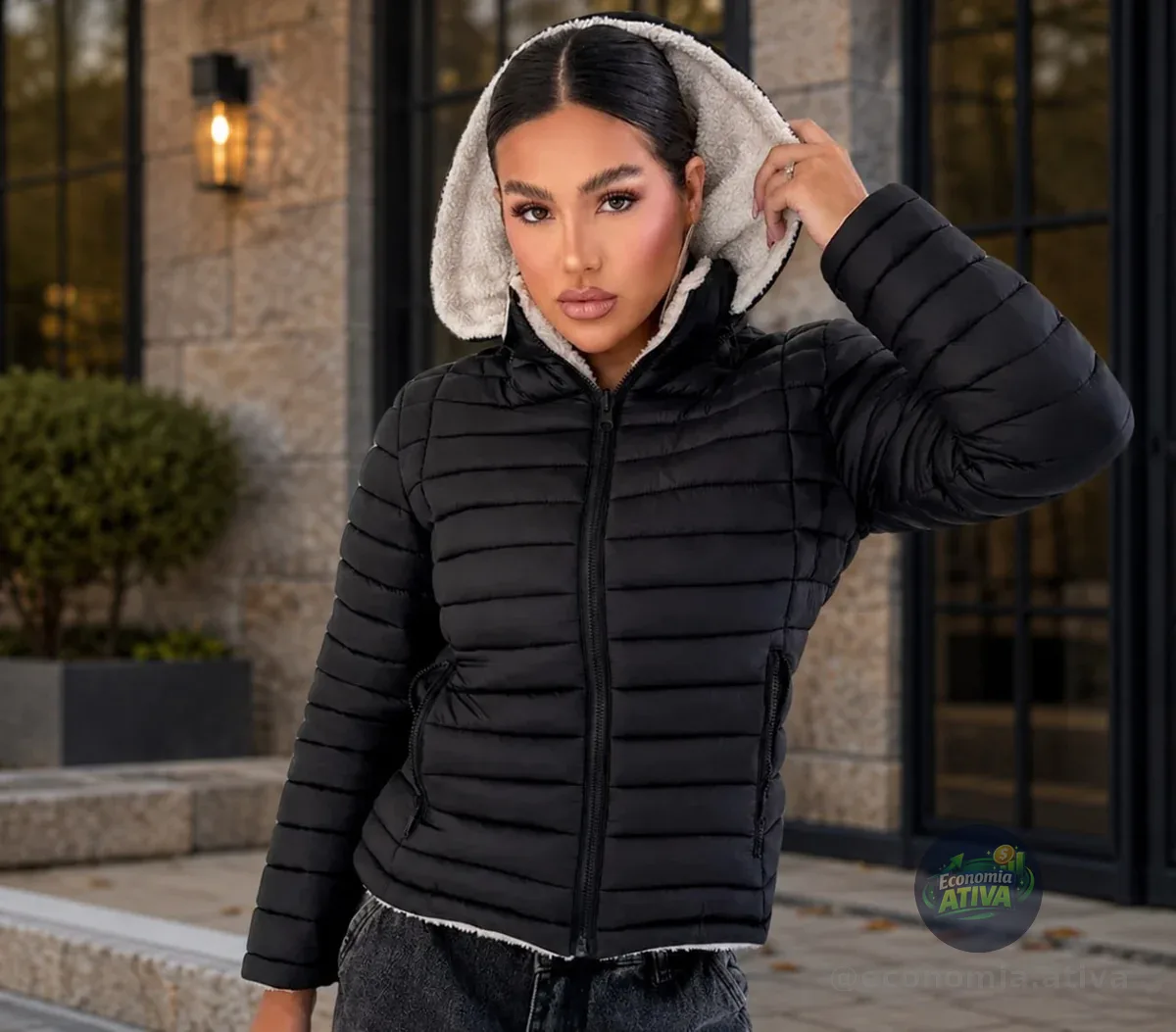 Jaqueta Puffer Feminina Dupla Face Casaco Teddy Com Capuz