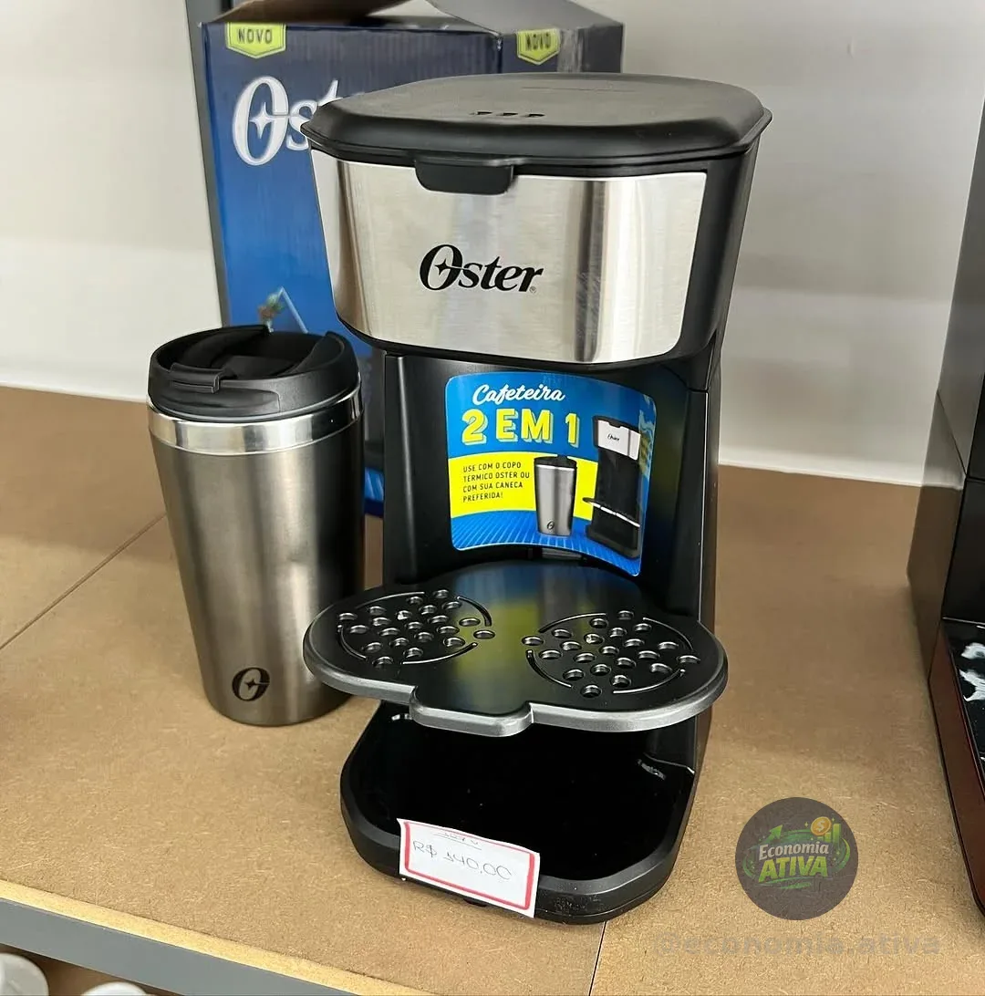 Oster Cafeteira 2Day Inox 2 em 1 com Copo Térmico, 220V, Preto/Inox, 600W, OCAF200