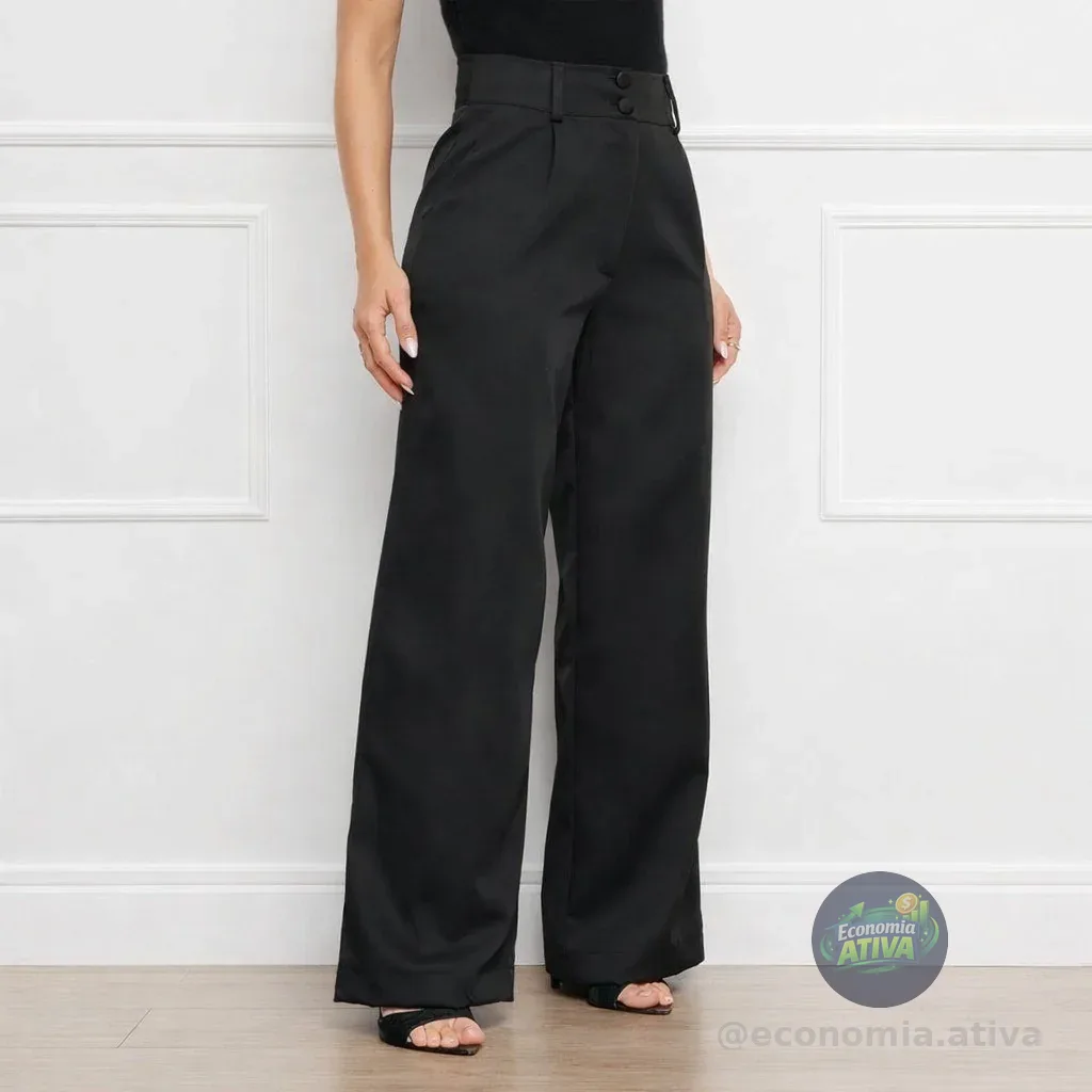 Calça Alfaiataria Feminina Wide Leg Social Cintura Alta