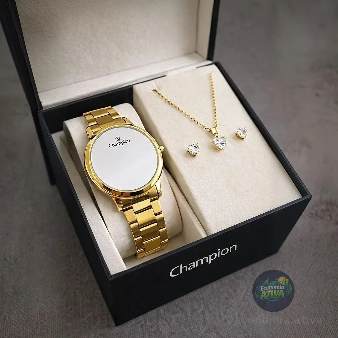 Kit Relógio Feminino Champion Dourado Redondo + Conjunto Colar Brinco Ch40115b