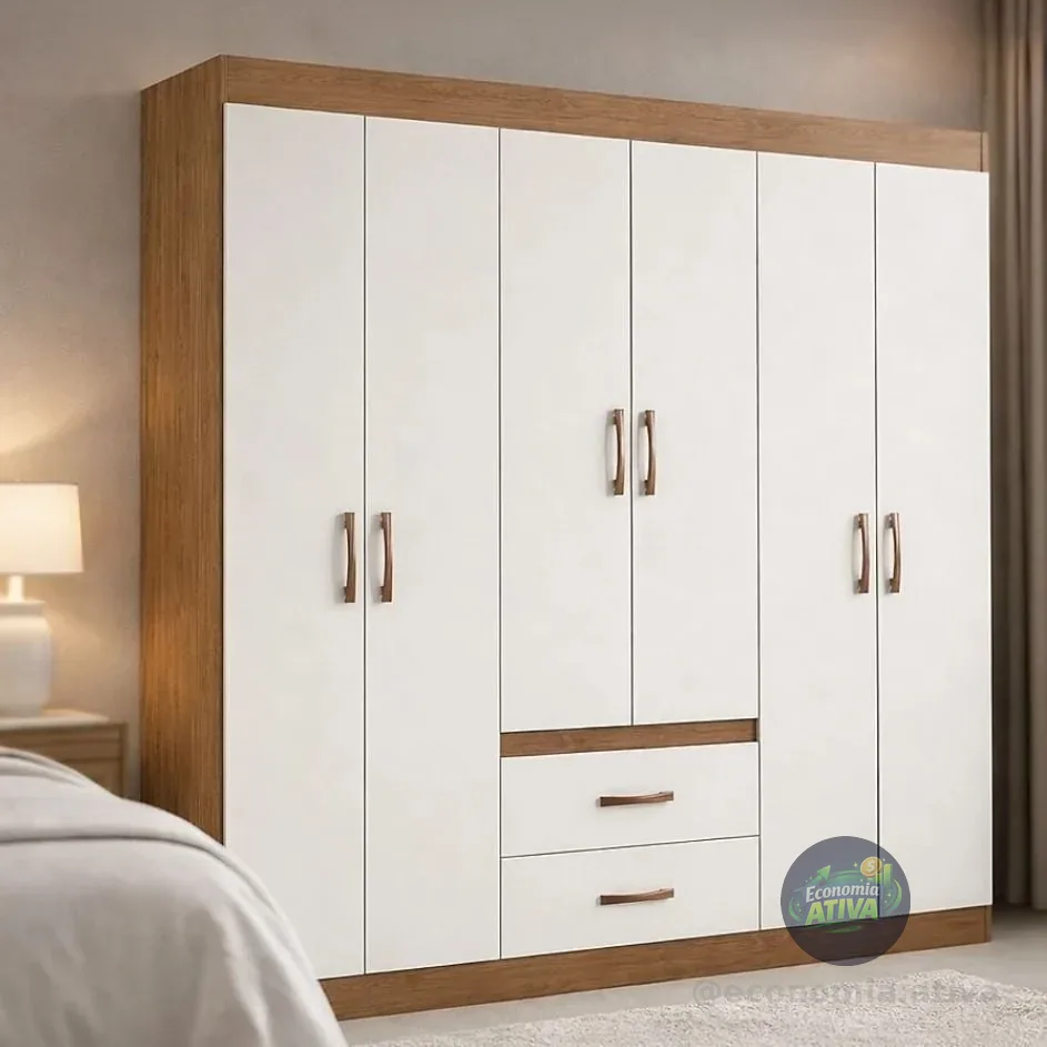 Guarda Roupa Solteiro 6 Portas 2 Gavetas Sidney Doripel Cor Off White/nogueira