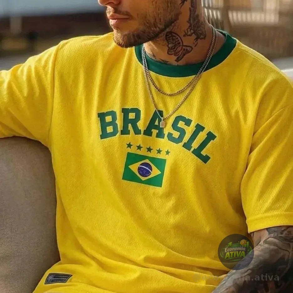 Blusa Brasil Retrô Estampada Bandeira Camiseta Masculina