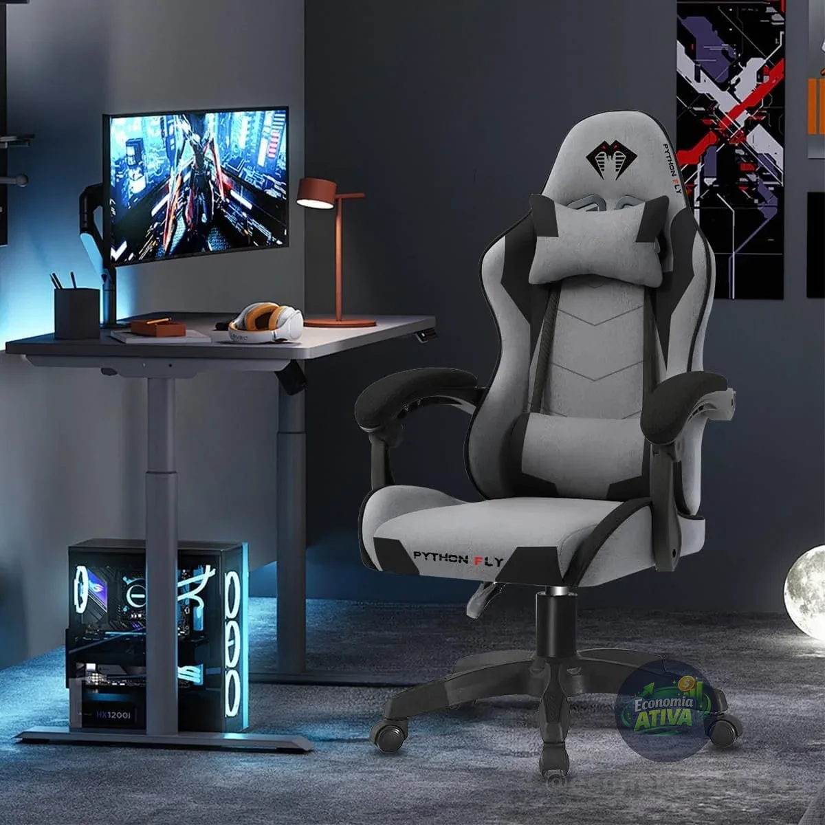 Cadeira Gamer Python Fly em tecido, respirável e ecológica, ângulo ajustável (Cinza Escuro)