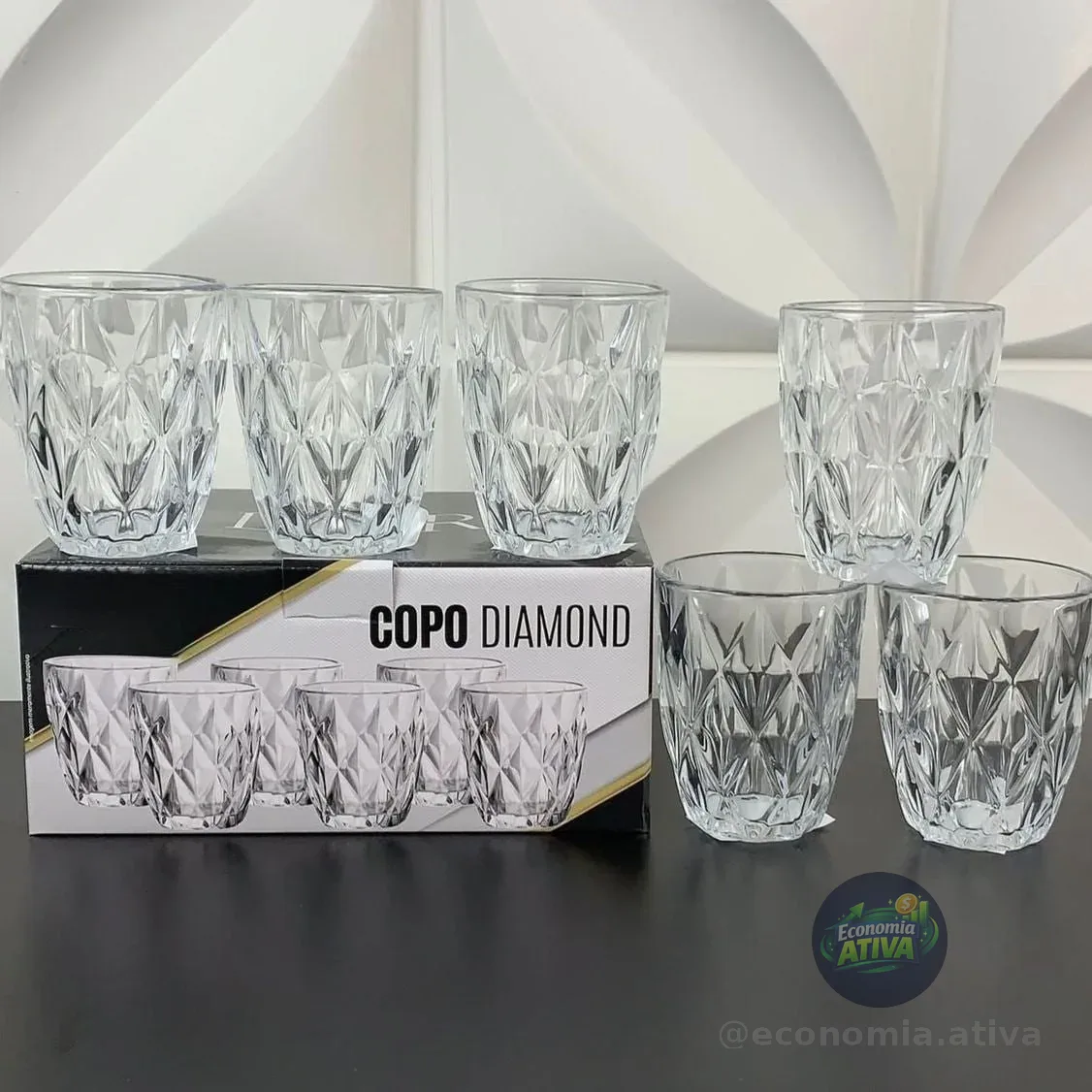 Jogo 6 Copos Vidro Diamante Grosso Resistente Agua 300ml Branco Ms Variedades