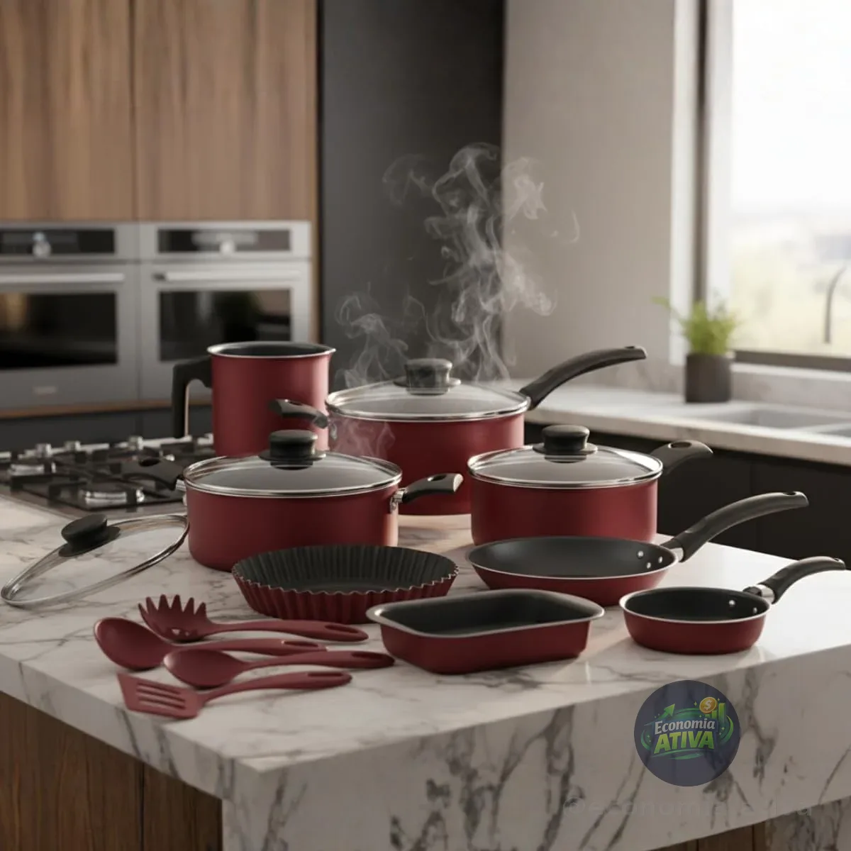 Kit para Cozinha 12 Peças com Jogo de Panelas Vermelho e Utensilios Tramontina Turim