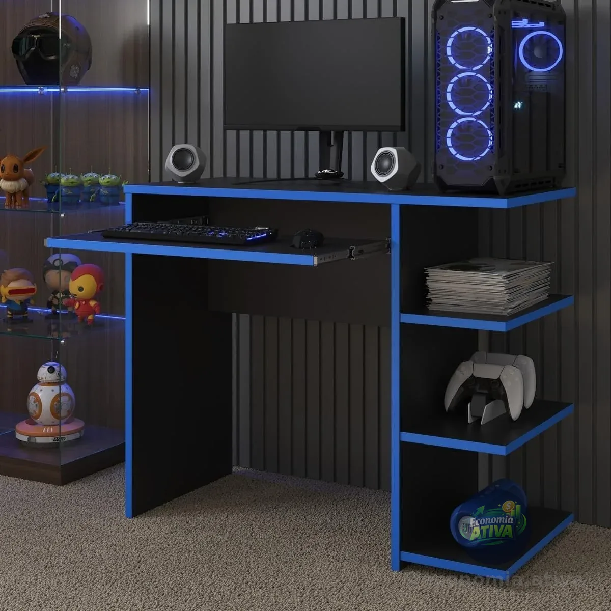 Mesa Escrivaninha Para Computador Escritório Pc gamer (preto/azul)