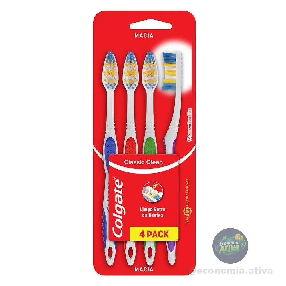 Escova de Dente Colgate Classic Clean Macia 4 unidades | Cores Sortidas