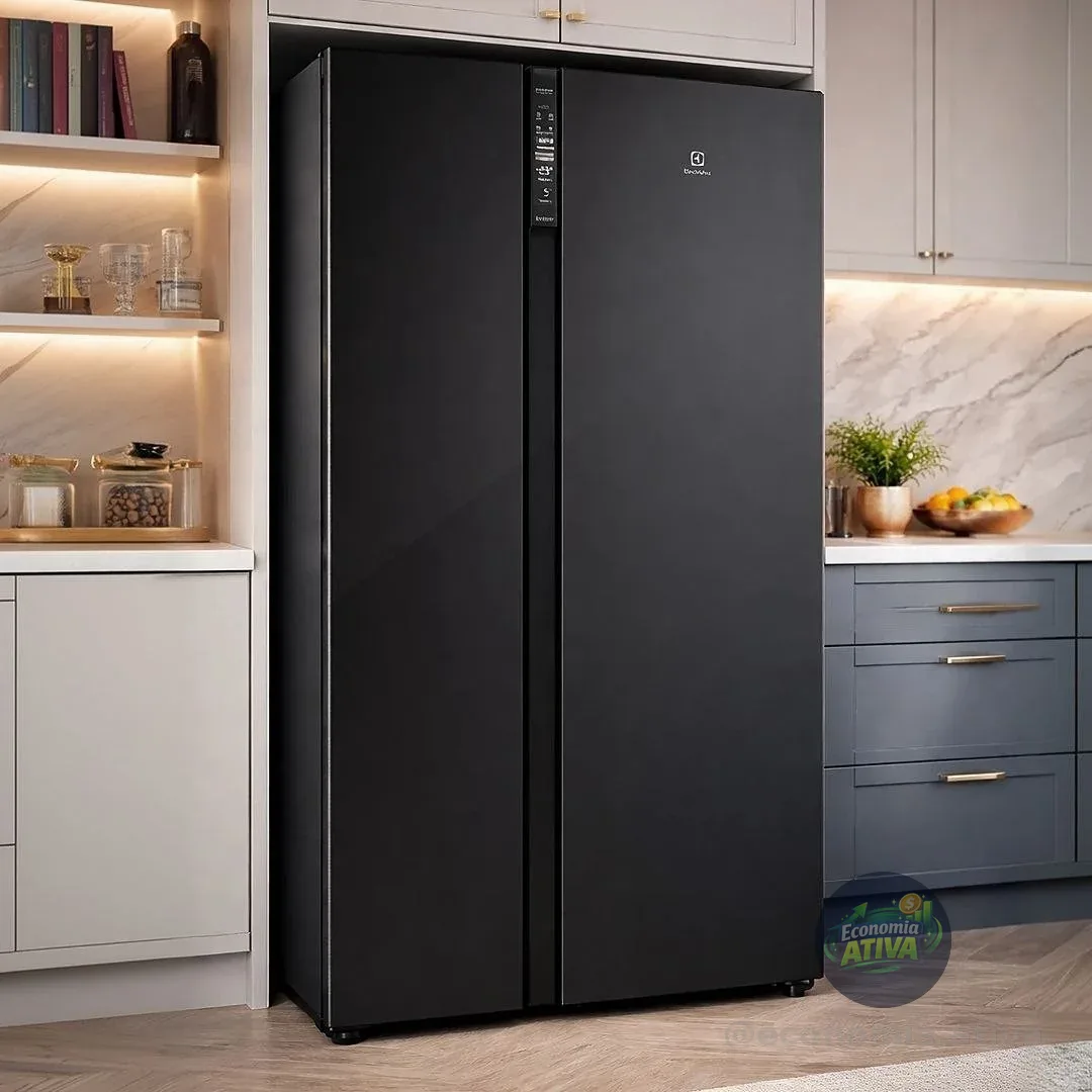 Geladeira Electrolux Frost Free Inverter 526L Efficient com AutoSense Side by Side Vidro Preto (ES5GB) 127v