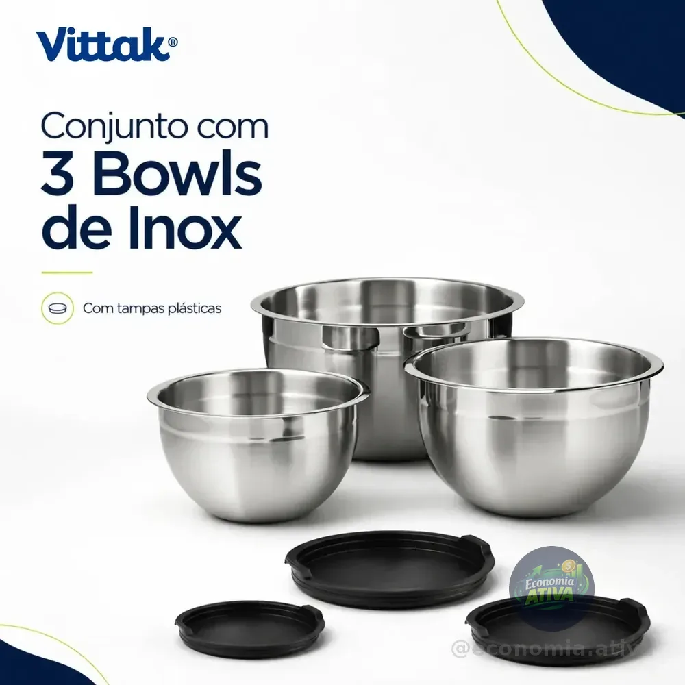 Vittak Conjunto 3 Bowls de Inox com Tampas Plástica