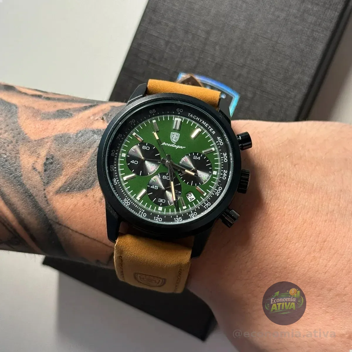 Relógio Luxo Poedagar Masculino Pulseira Em Couro Funcional (5 cores)