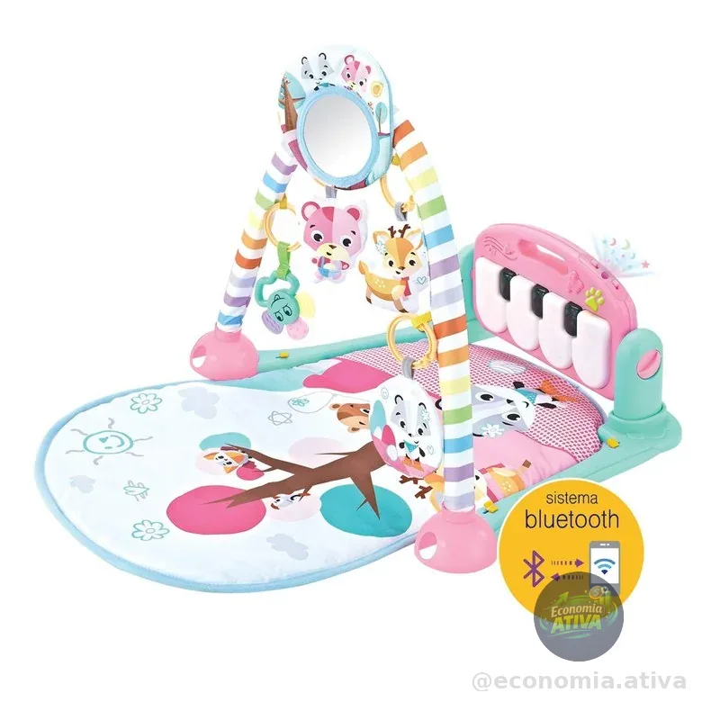 Maxibaby Tapete de Atividades com Piano Musical e Bluetooth Pastime 2.0 com Arco de Brinquedos Interativos, Desenhos e Formas em Cores Vibrantes, Rosa