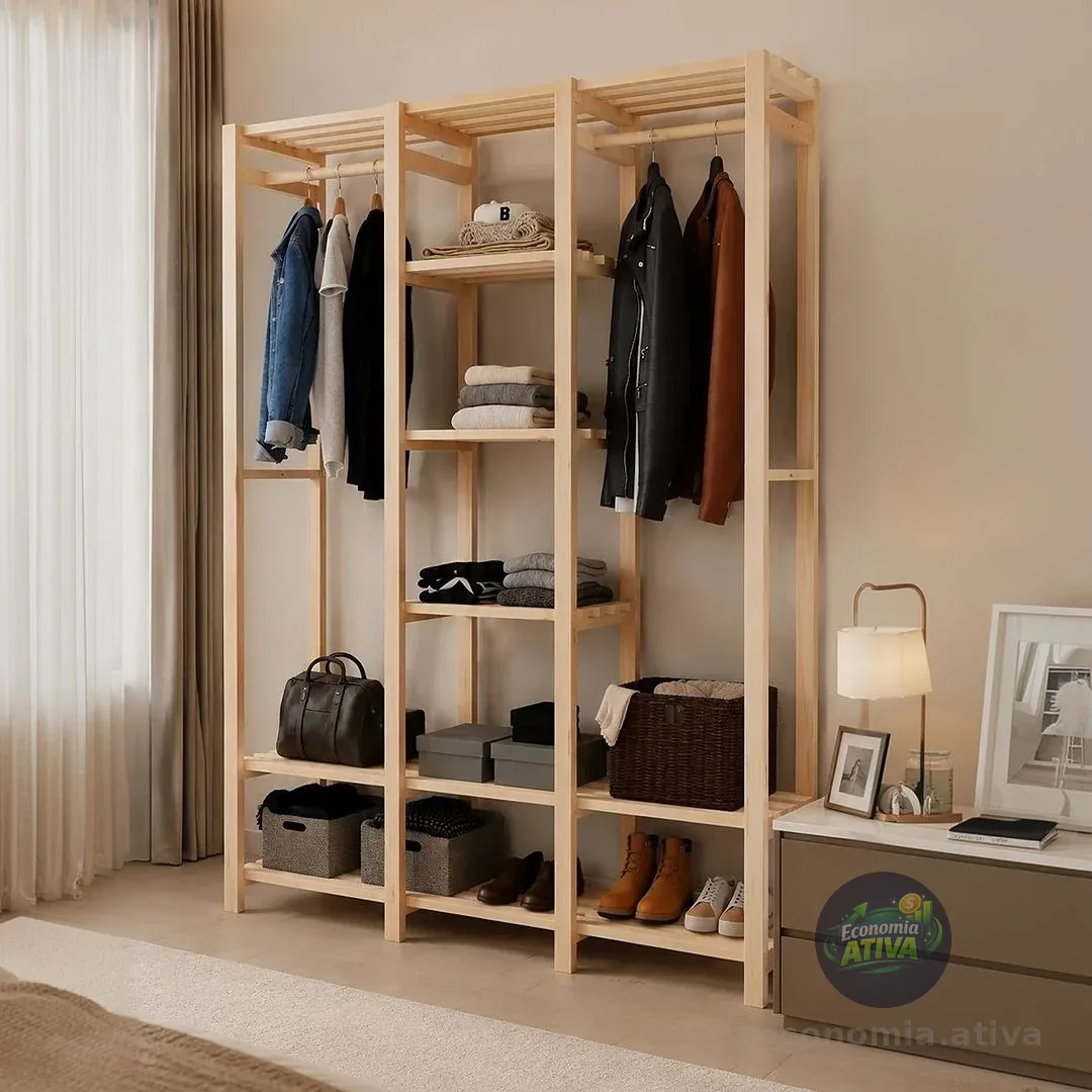 Guarda Roupa Closet Estante Arara Cabideiro Madeira Natural