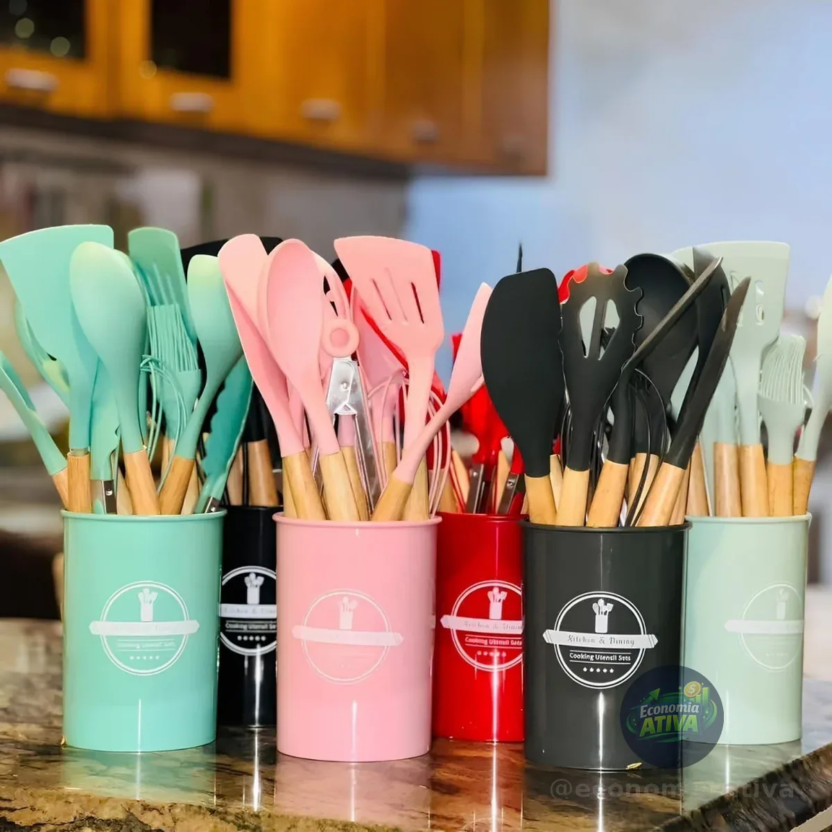Kit C/12 Utensílios De Cozinha Silicone Cabo Madeira