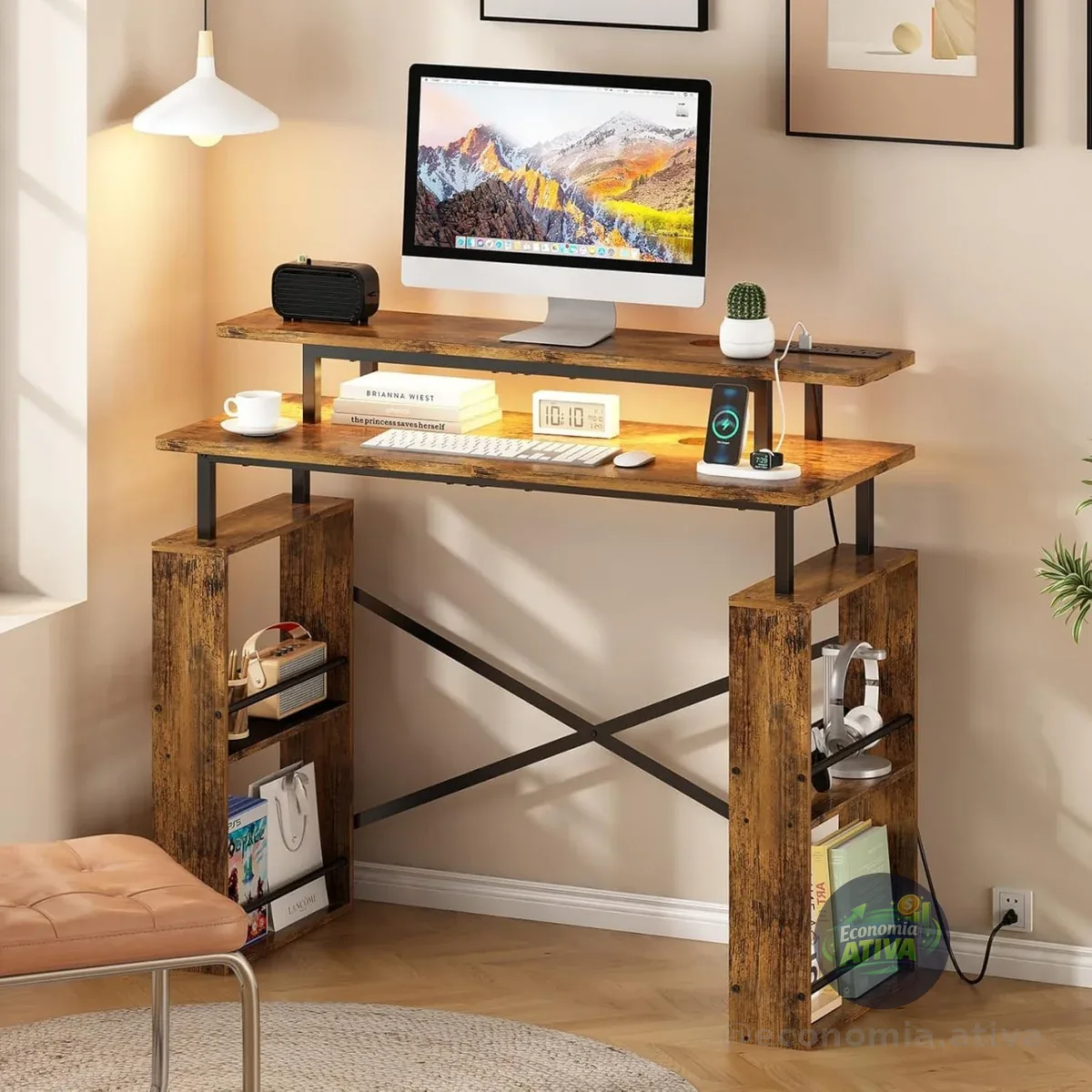 Escrivaninha Mesa para Computador, Mesa para Escritório de 2 Níveis com Tomada Integrada