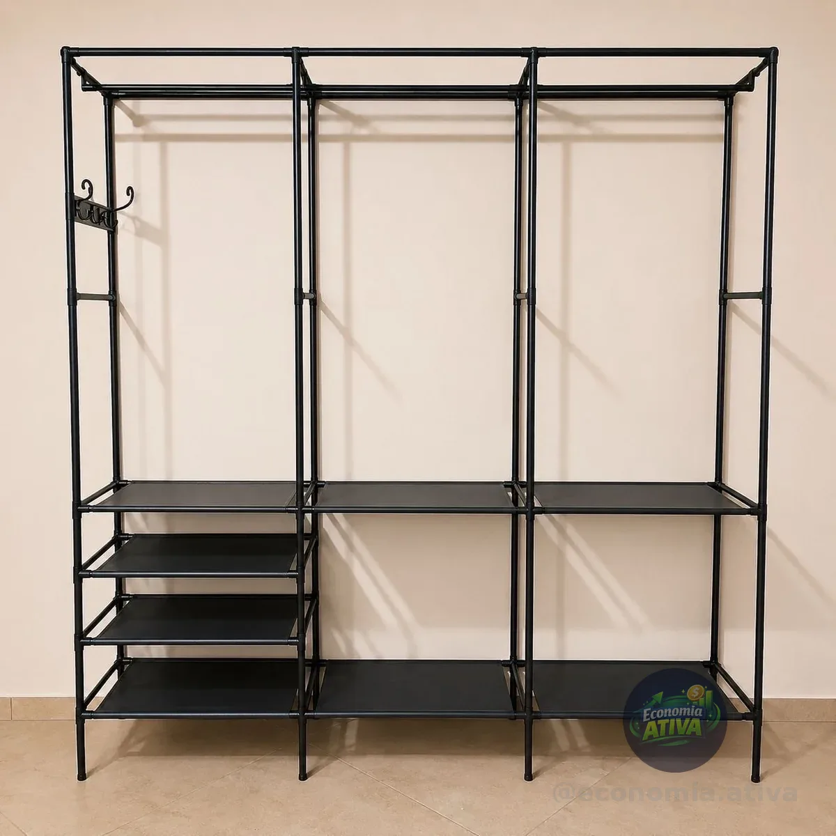 Cabideiro Arara Closet Roupas Sapateira Triplo Cor Preto