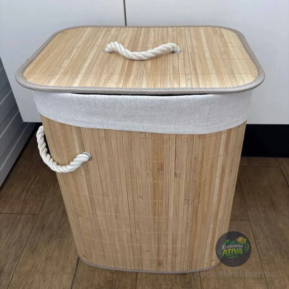 Cesto De Roupa Suja De Bambu Com Tampa E Alças 50 Litros Kontuz