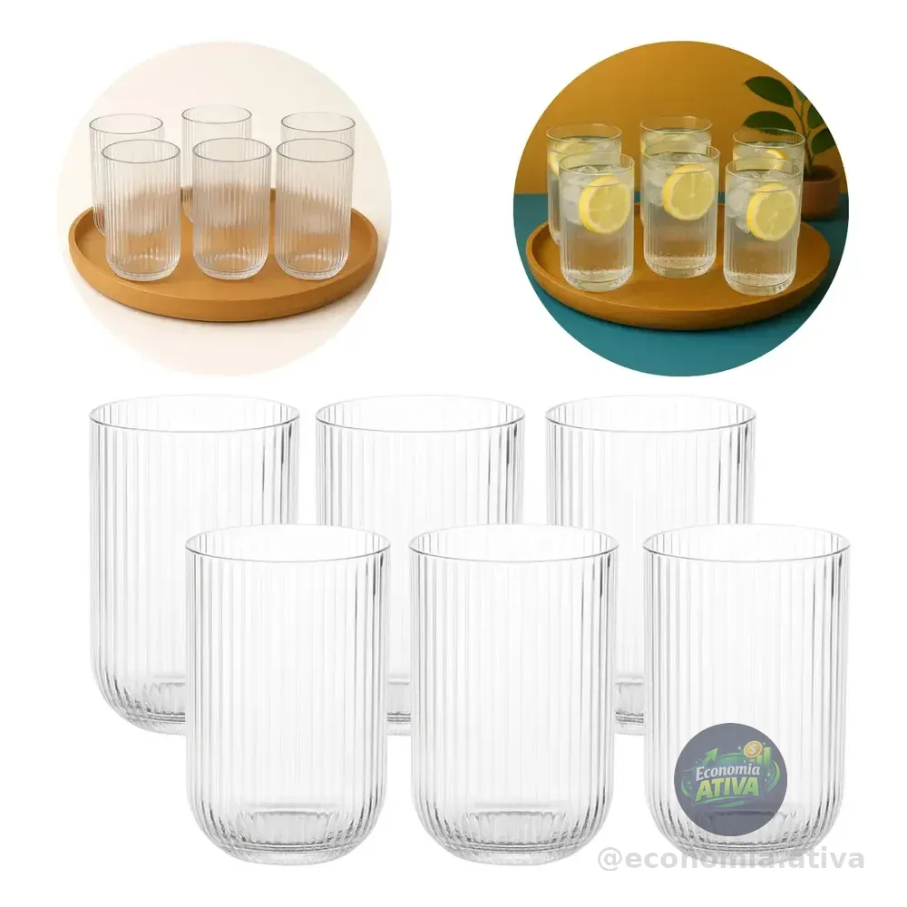 Jogo 6 Copos De Vidro Canelado Cameratta Agua Suco 420ml
