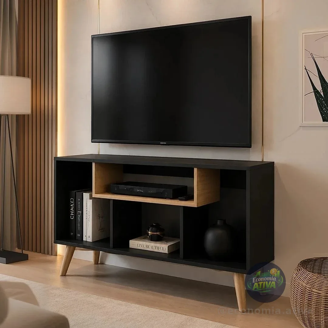 Rack Bancada Para Tv De Até 43" Com Prateleira E Nichos Para Sala De Estar Casa Jd (Preto/Nature)