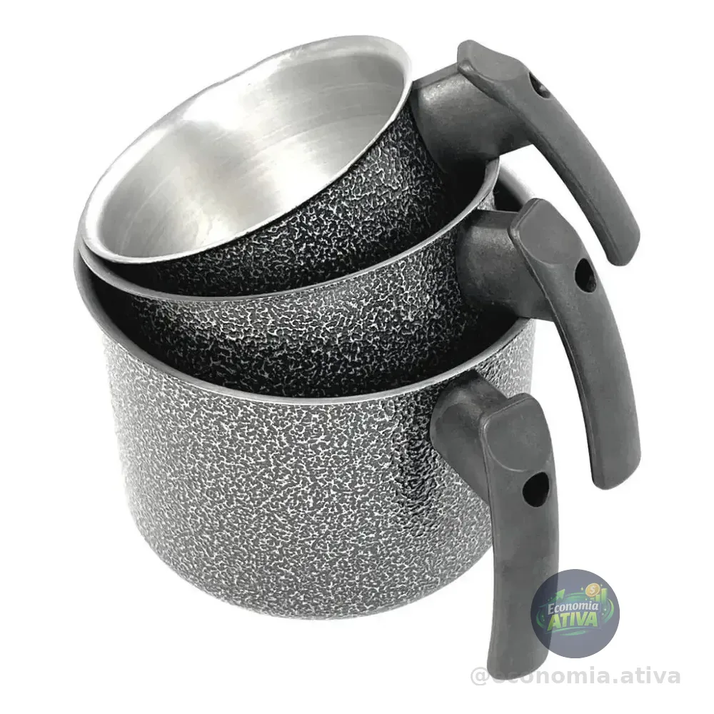 Conjunto 3 Peças Caneca Leiteira Fervedor Craqueado Alumínio