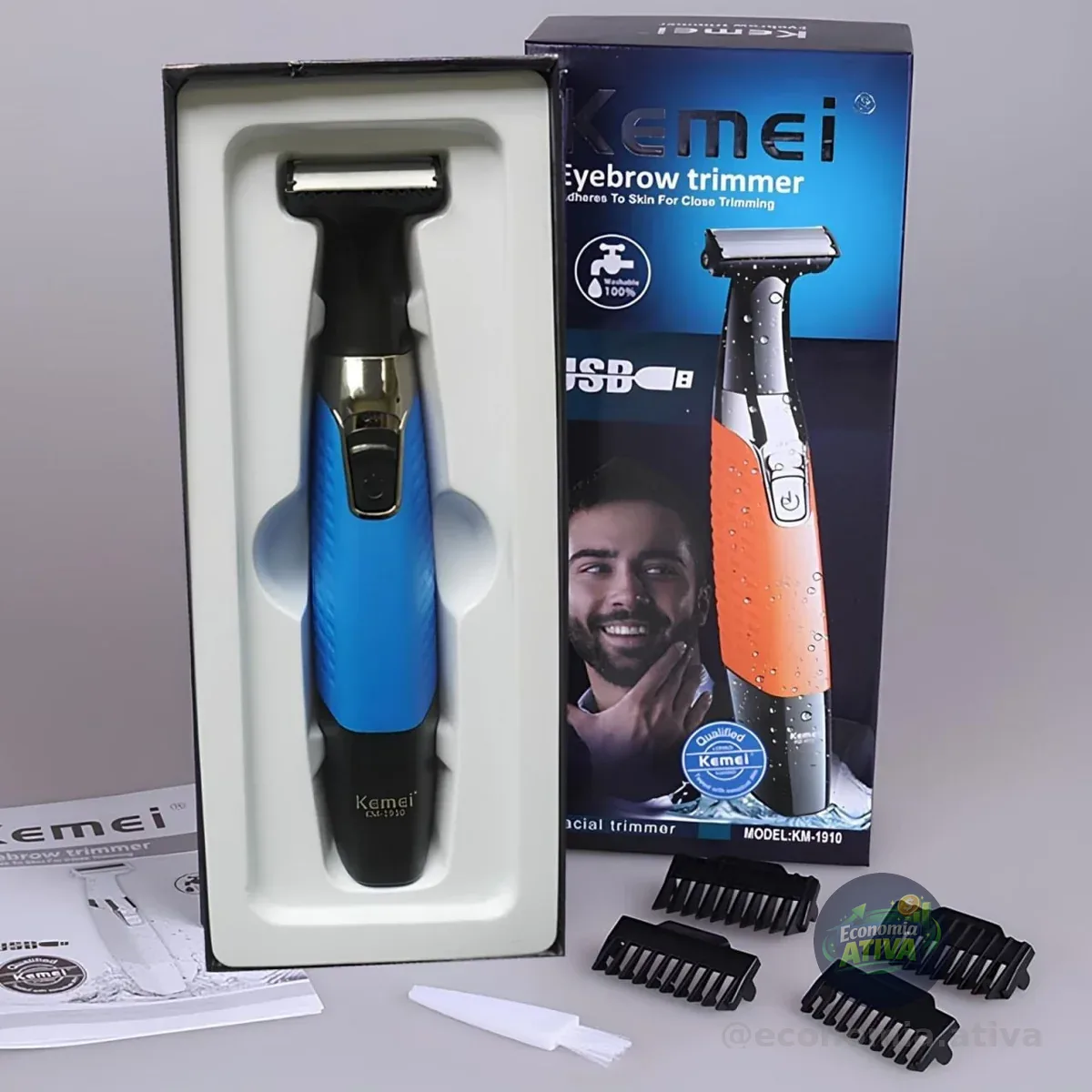 Barbeador Elétrico Prova D'água Kemei Azul