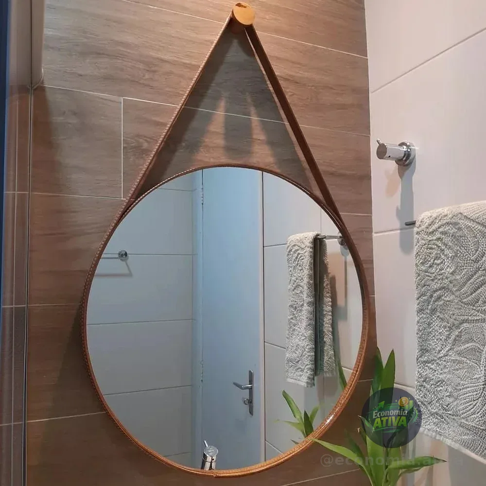 Espelho De Banheiro Decorativo Redondo 60cm C/ Alça De Couro