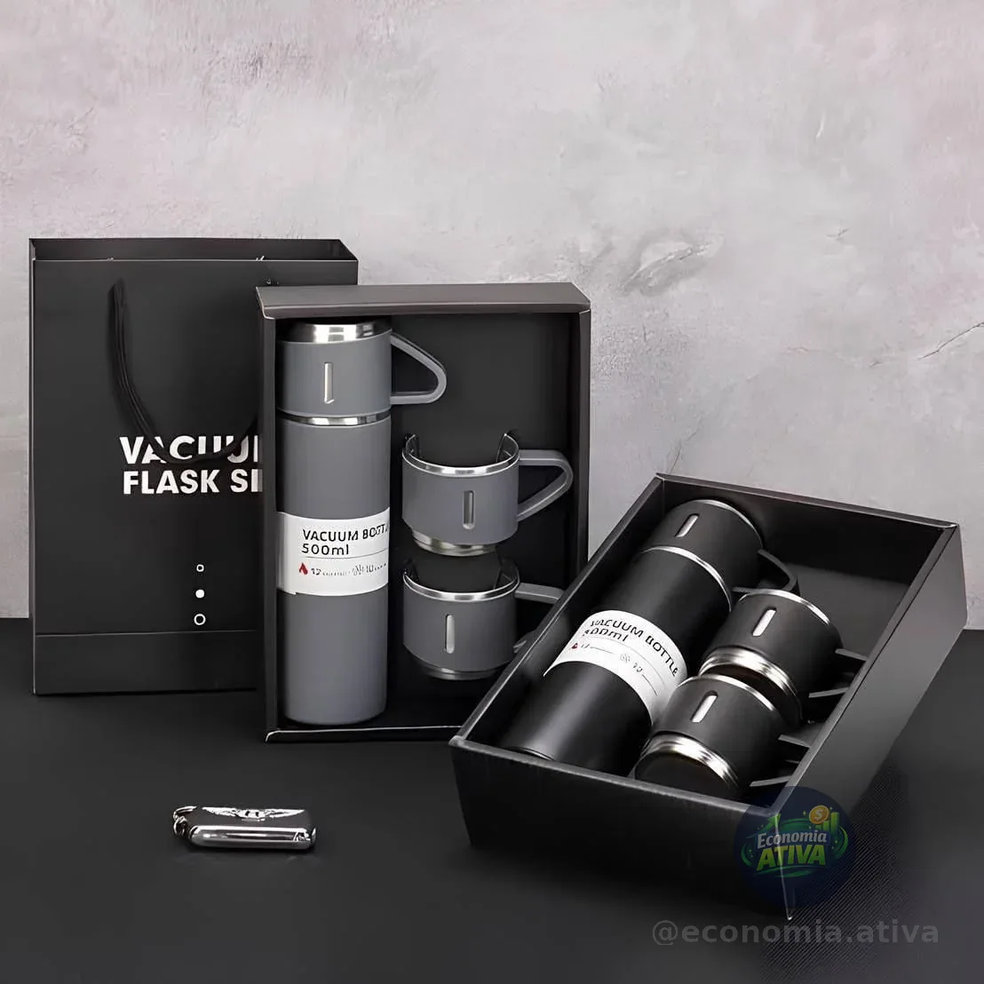 Caneca Kit Garrafa Térmica Vacuum Bottle Inox 500ml + 3 Xícaras