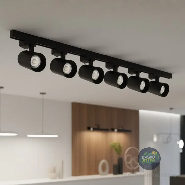 Kit RY Trilho Eletrificado Preto 2m + 6 Spots Led Preto 10w Luz Frio 6.000 K