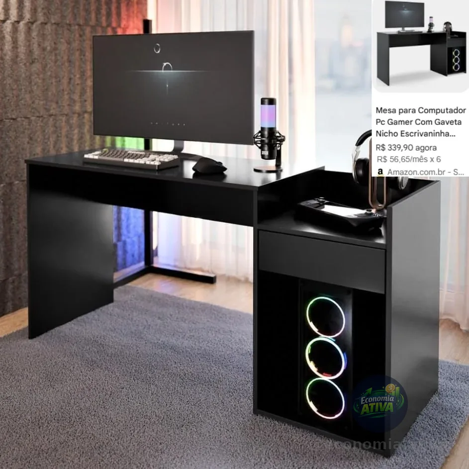 Mesa para Computador Pc Gamer Com Gaveta Nicho Escrivaninha Eros (Preto)