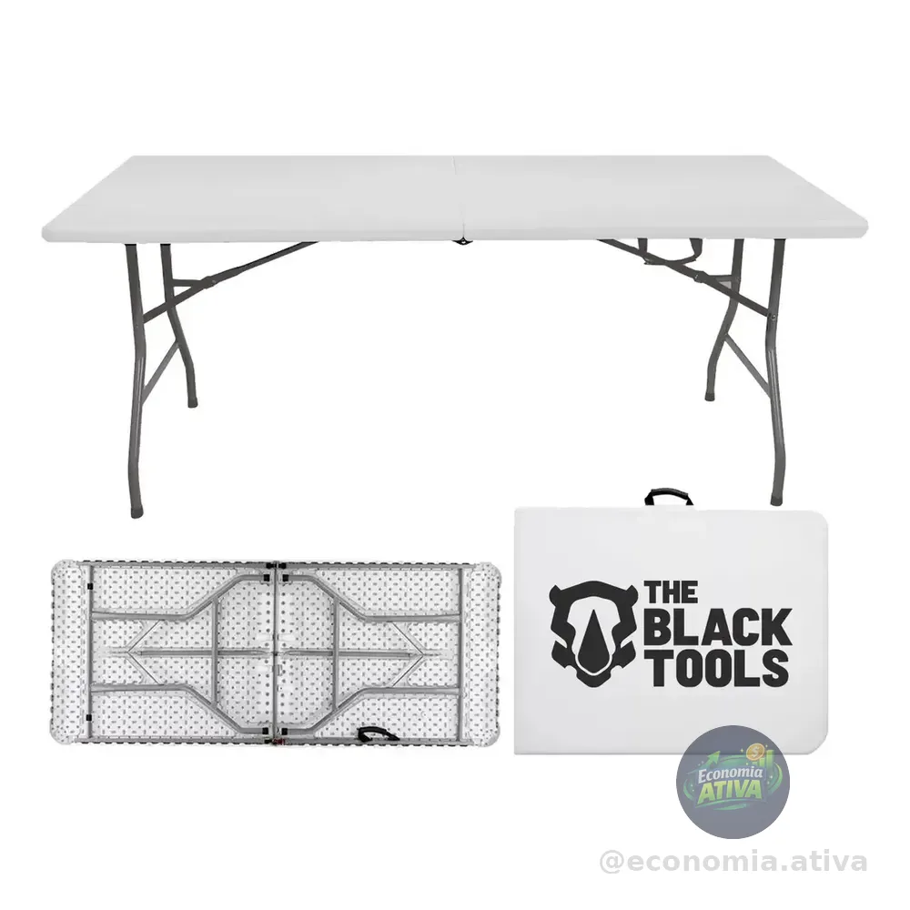 Mesa Dobrável Vira Maleta Com Alça Portátil 1.80m Para Camping Pesca Jardim Área Externa Tft1800 The Black Tools Branco