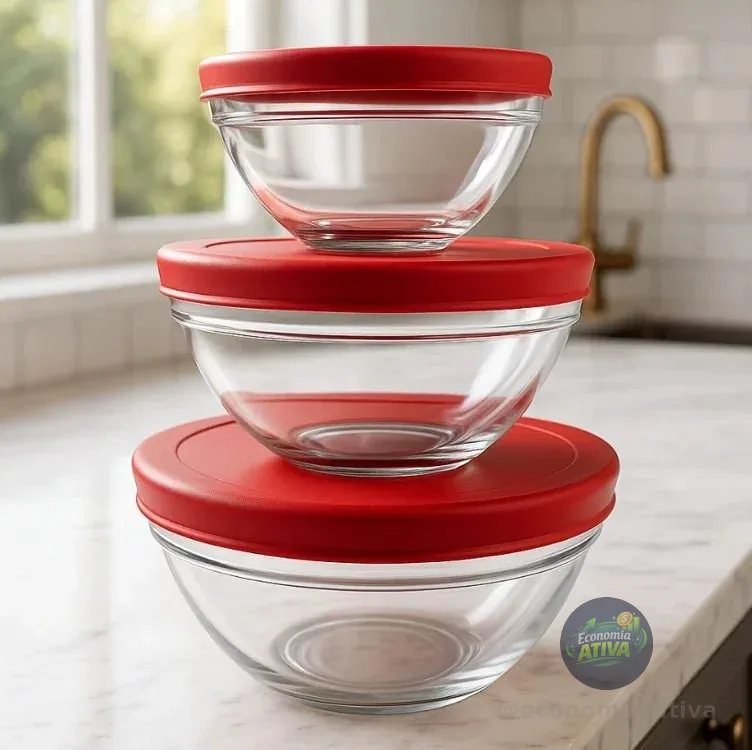 Euro Home - Conjunto com 3 Potes de Vidro Redondos com Tampa Plástica - VDR7093-VM