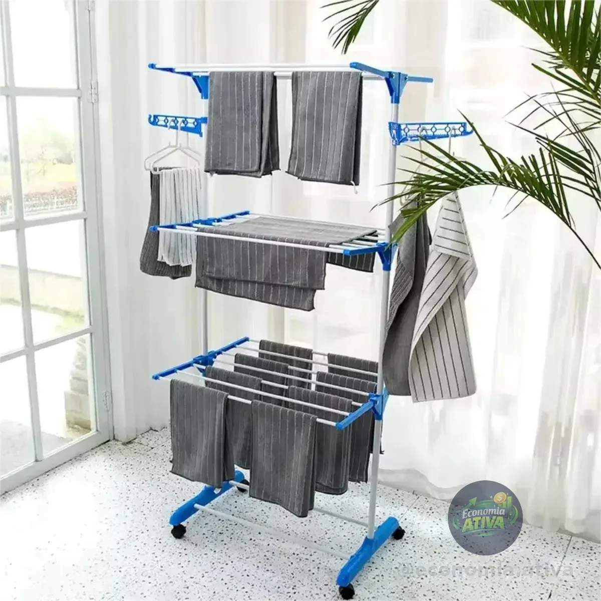 Varal De Chão Grande De Roupas 3 Andares Dobrável Cor Azul Kontuz 170cm