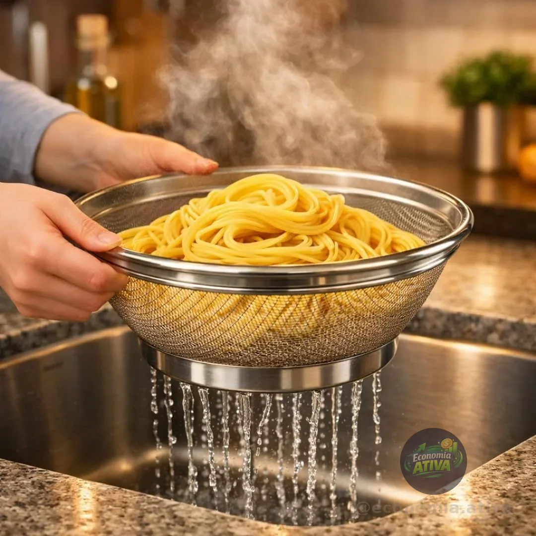 Escorredor de Alimentos/Macarrão Multiuso em Aço Inox, 28cm, Malha Fina, para Frutas, Massas e Grãos