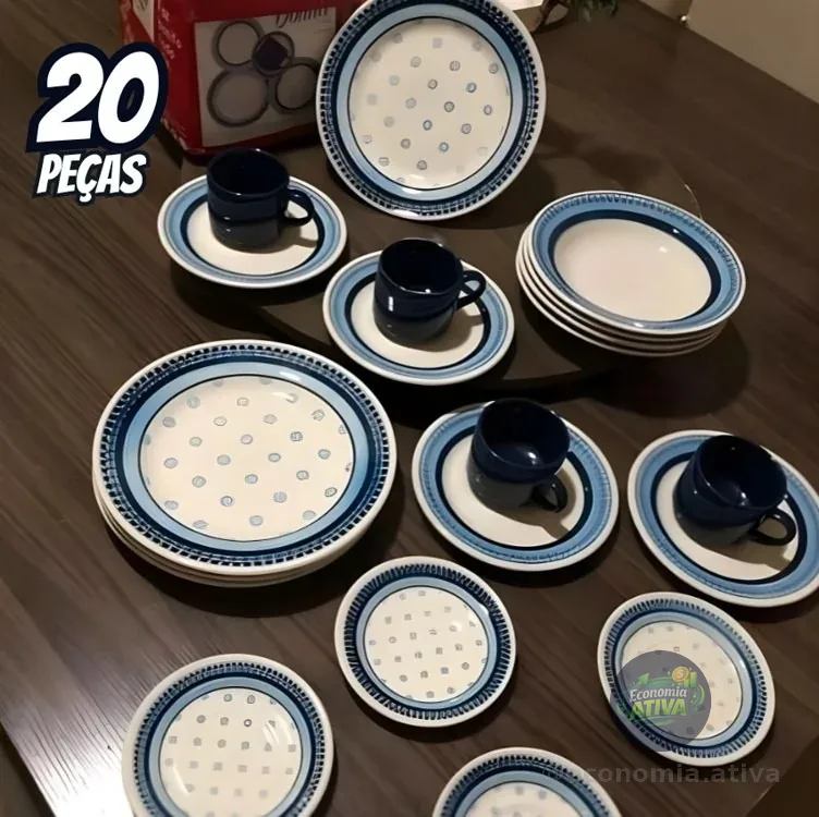 Aparelho de Jantar e Chá 20 Peças Biona de Cerâmica - Redondo Branco e Azul Donna