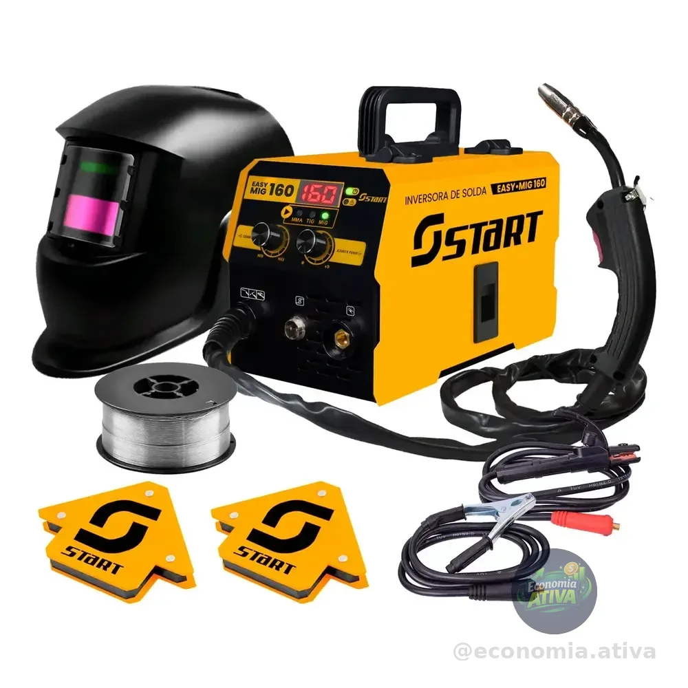 Máquina De Solda Inversora Mig 160a 3 Em 1 Tig Lift Start Com Máscara E Esquadros 12kg Amarelo 220v