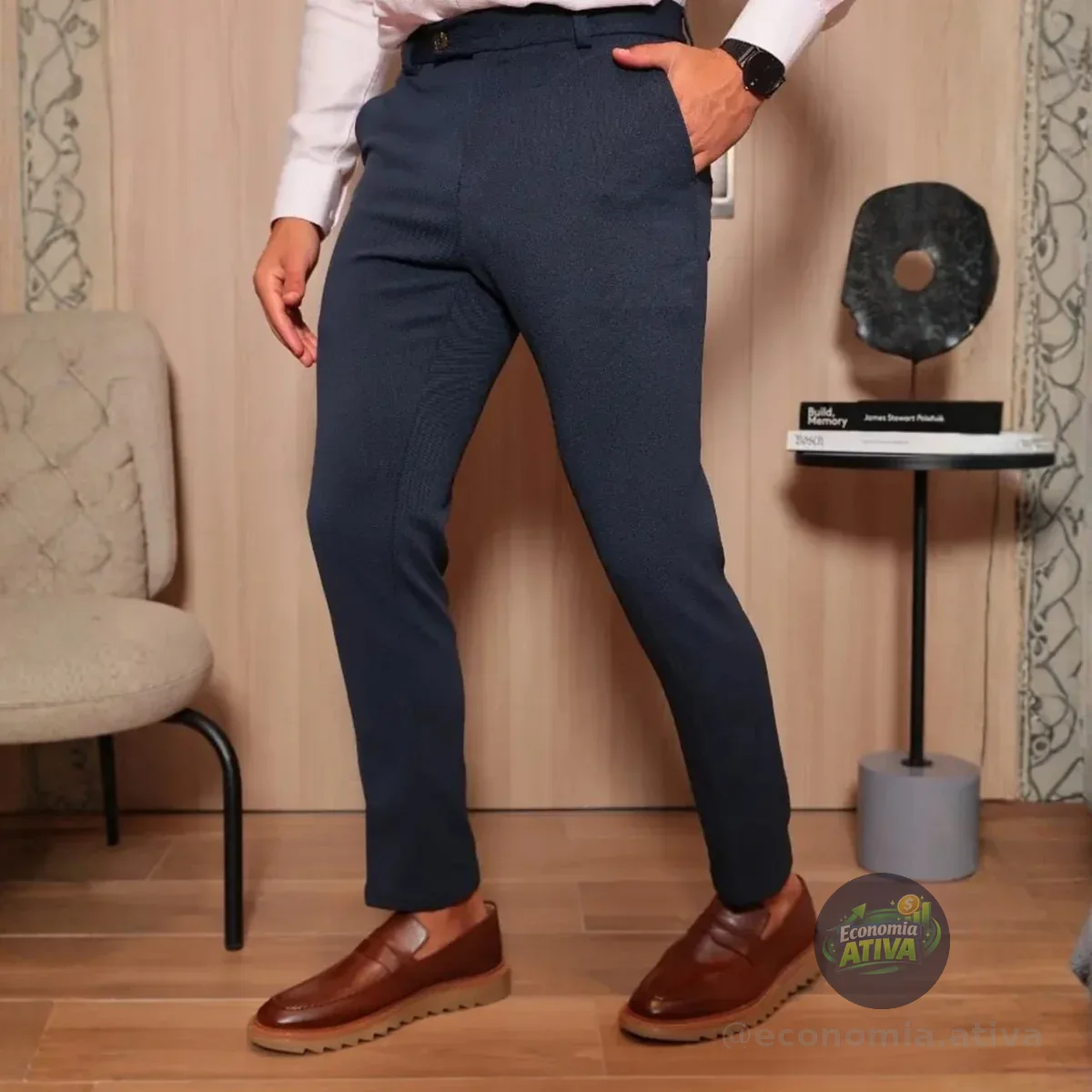 Calça Social Alfaiataria Masculina Malha Elastano Stretch