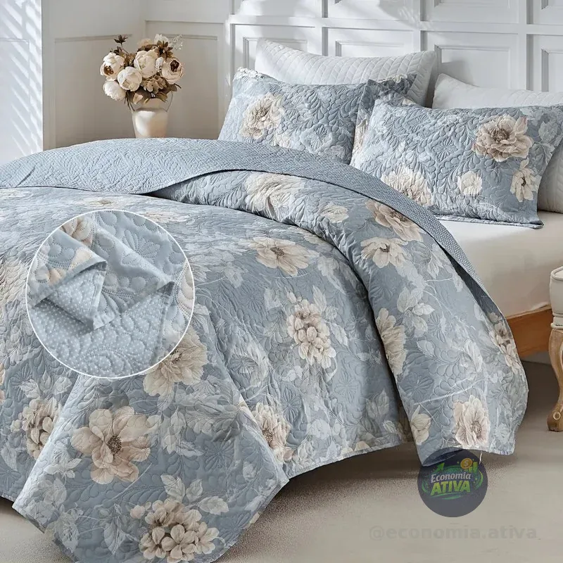 Kit Colcha Casal 3pç Estampada Itália 150 Fios Dupla Face Cor Flora Florido