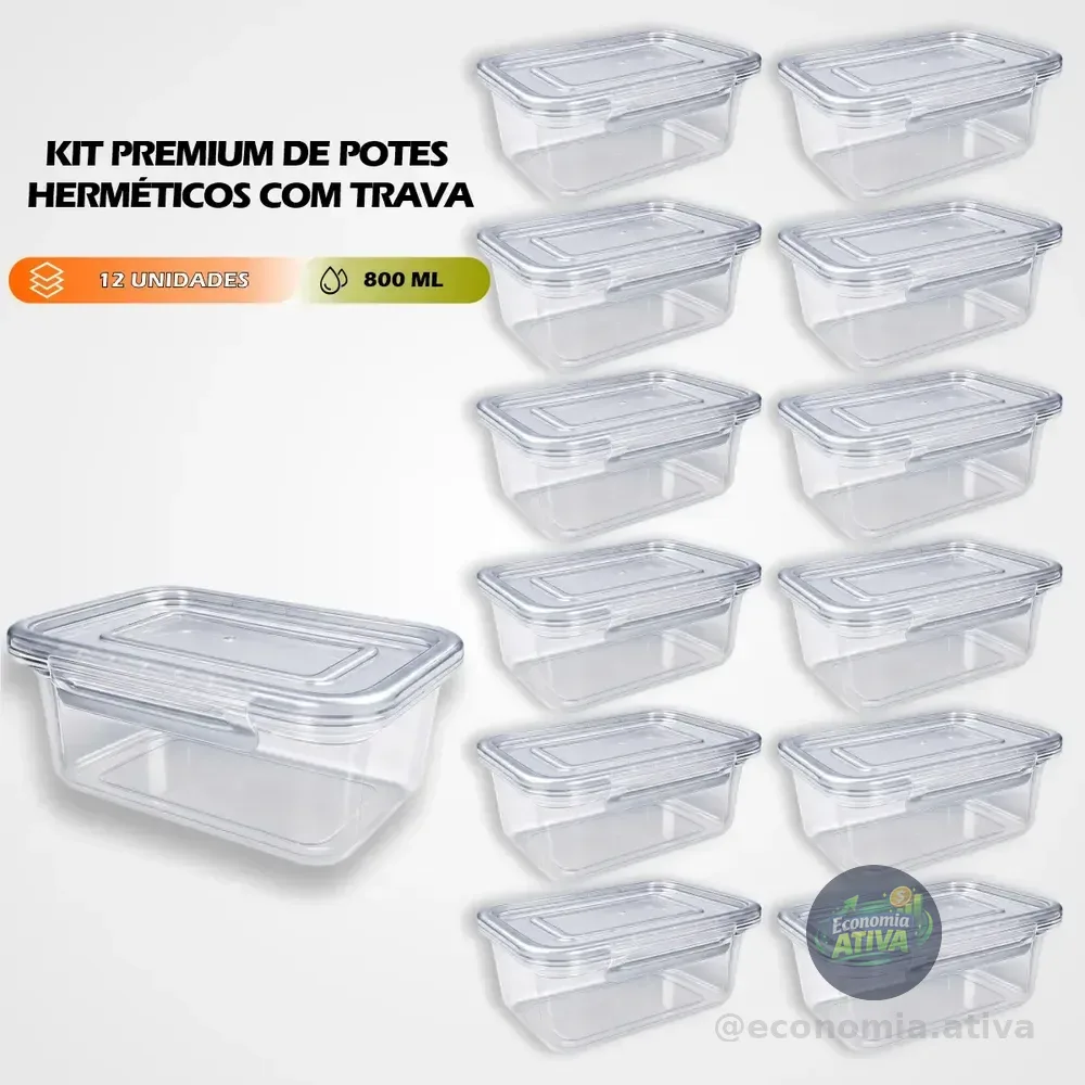 Kit 12 Marmitas 800ml Potes Trava Lateral Freezer Microondas