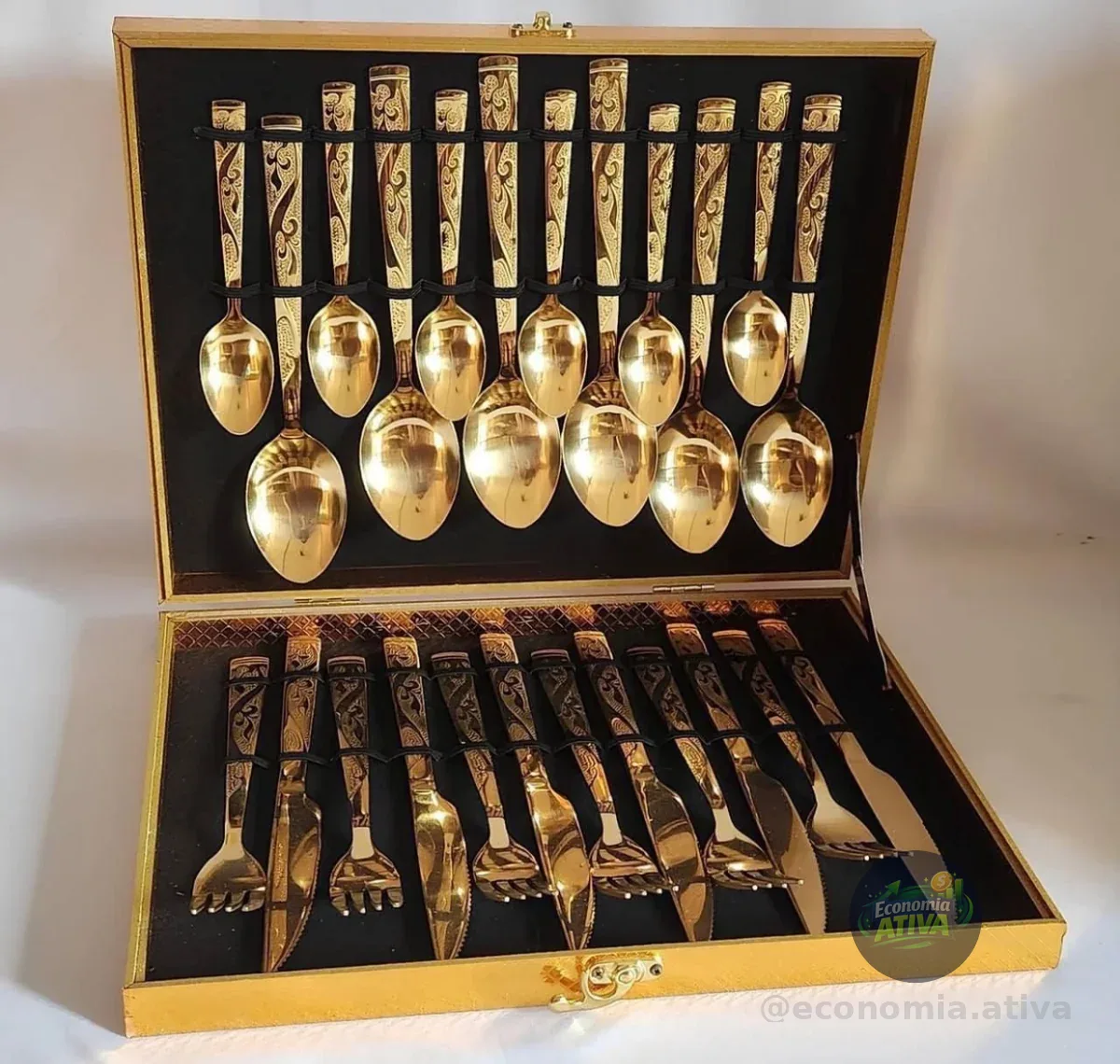 Kit 24 Talheres Luxo Premium Faqueiro Dourado Com Maleta