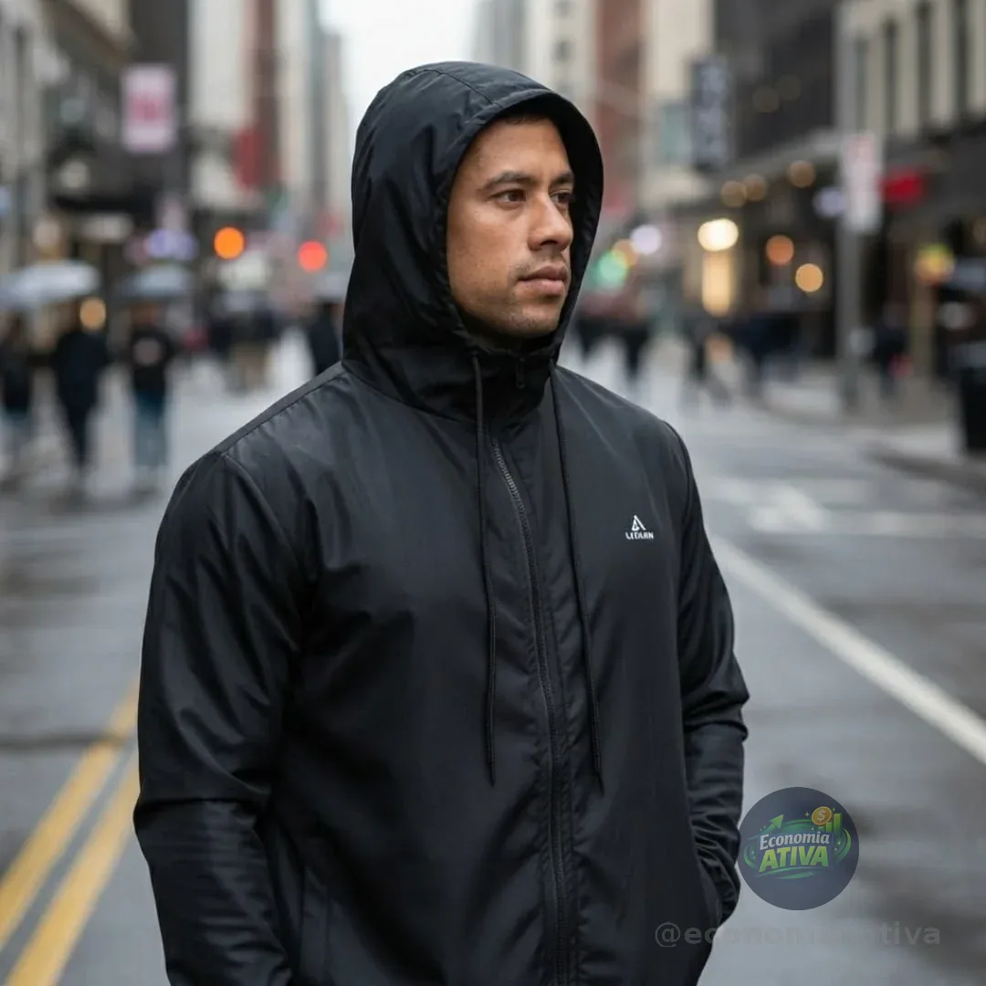 Jaqueta Corta Vento Masculina Capuz Impermeável Zíper Bolso