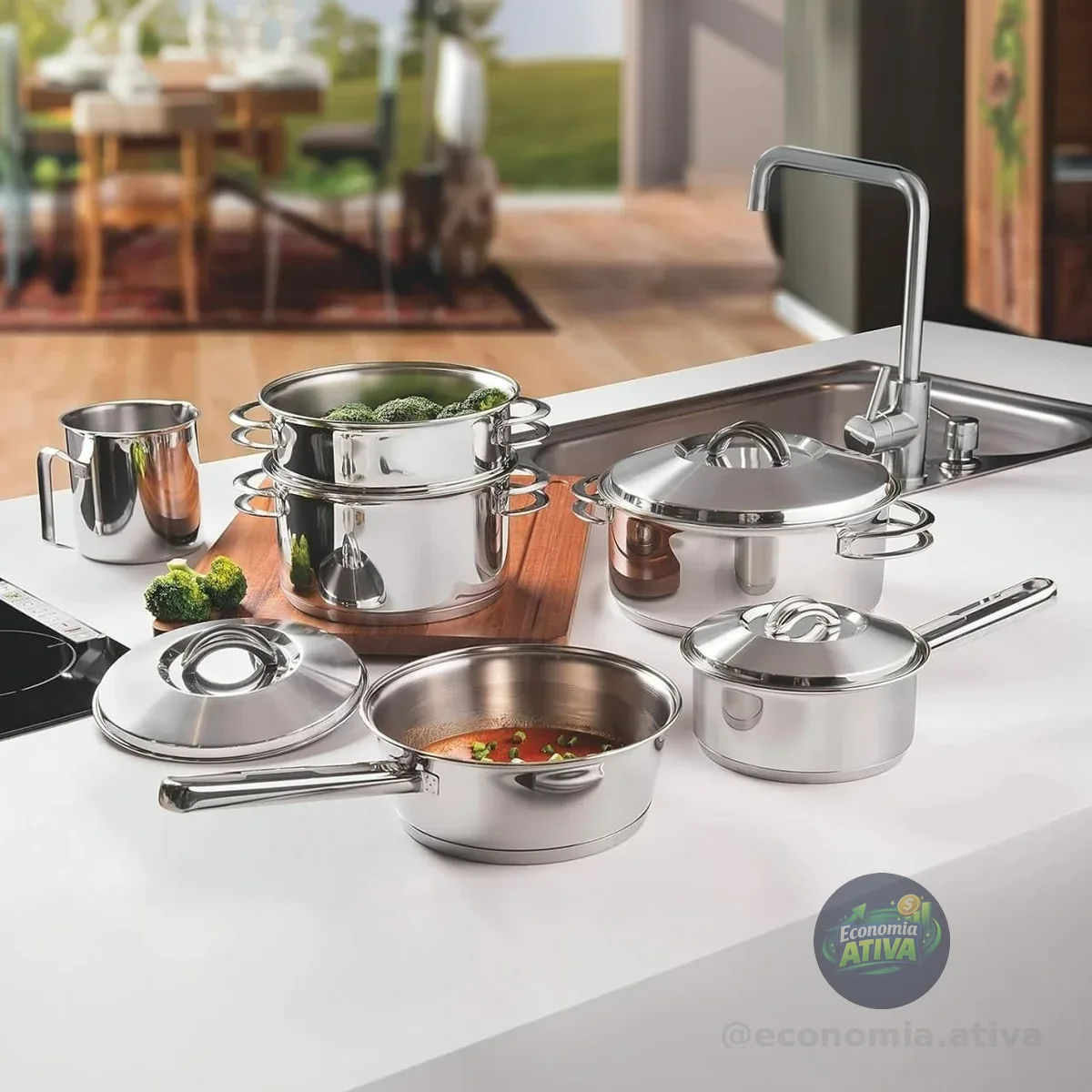 Jogo de Panelas Tramontina Solar em Aço Inox com Fundo Triplo e Tampas de Inox 6 Peças