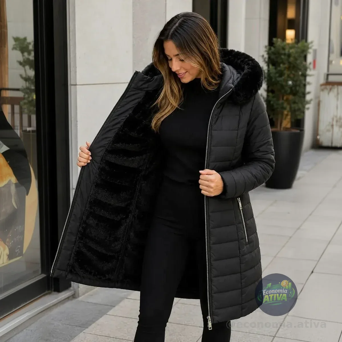 Sobretudo Feminino Forrado Parka Jaqueta Longa Capuz Pelucia