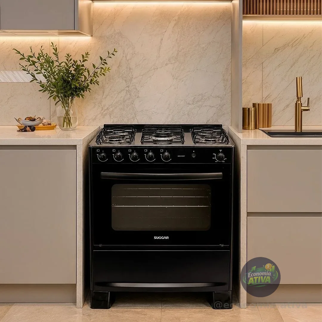 SUGGAR FOGÃO COOK START PRETO MESA INOX 5 BOCAS 2 QUEIMADORES FAMÍLIA ACENDIMENTO AUTOMÁTICO FGICS520PT
